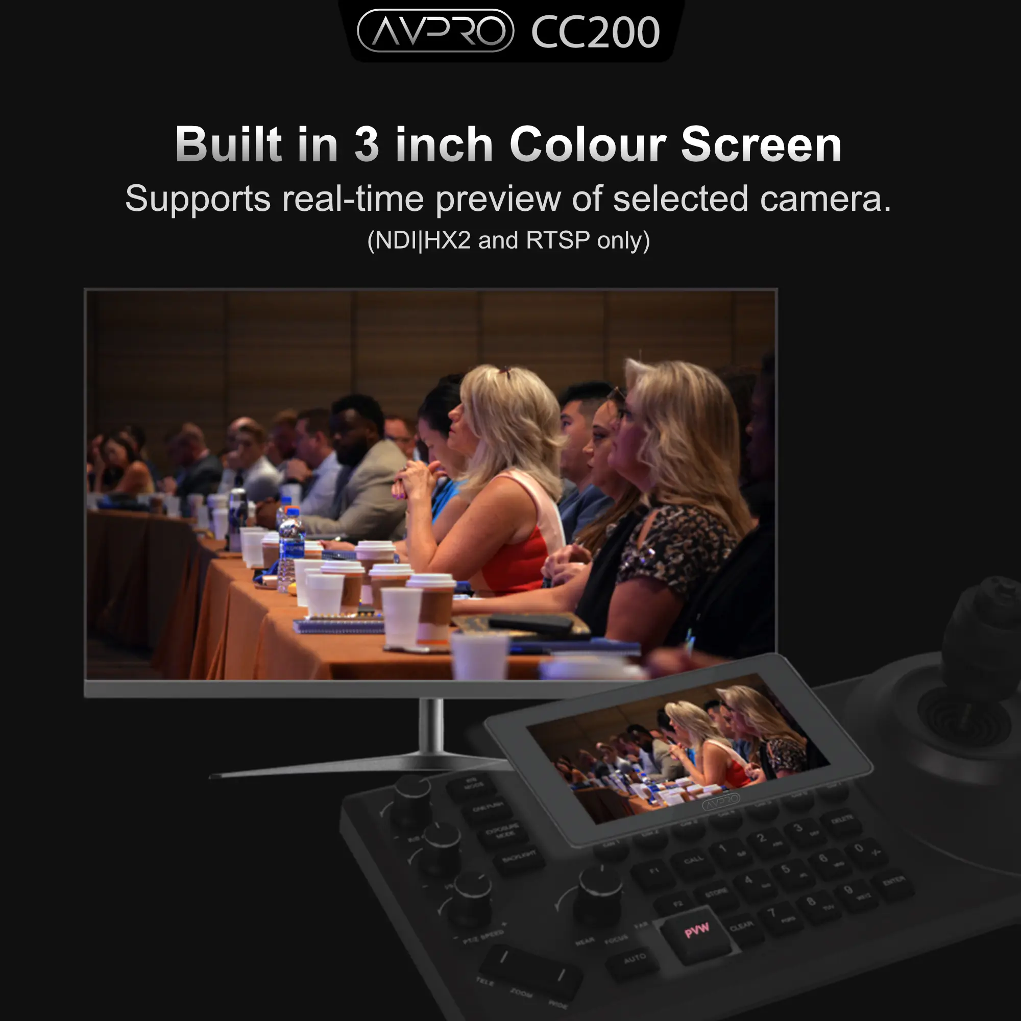 PTZ Camera Controller with 3-inch colour LCD – real time preview (NDI HX2 and RTSP only), 4D Joystick, 3D Knobs, Zoom Button, Compatible with NDI, VISCA, Onvif, PELCO P/D – Ergonomic Design with Customizable Buttons.